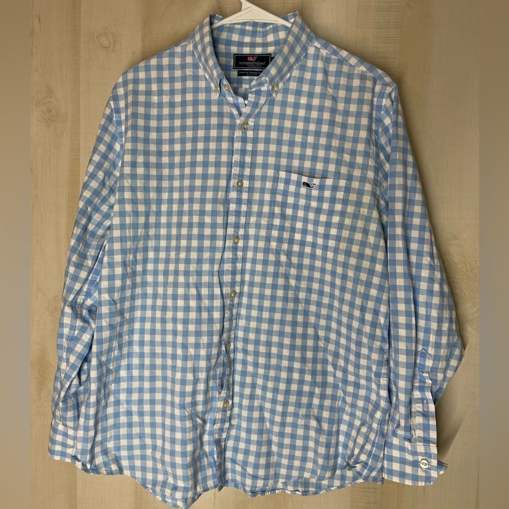 Vineyard Vines slim fit tucker shirt long‎ sleeve blue and white check, large